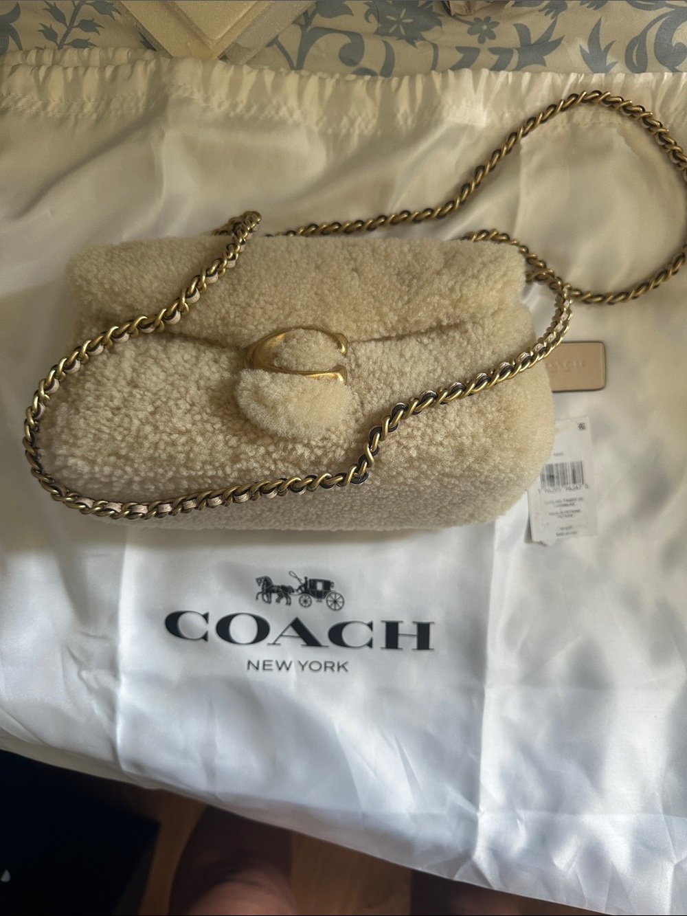 Coach Shearling Tabby 20 Convertible Crossbody Bag in Cream with Gold Chain